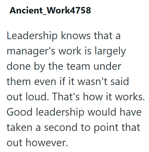 Ancient Work4758 Leadership knows that a manager's work is largely done by the team under them even if it wasn't said out loud. That's how it works. Good leadership would have taken a second to point that out however.