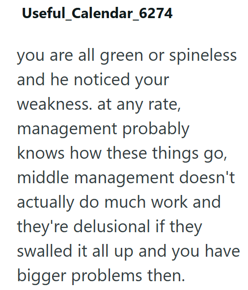 Useful_Calendar_6274 you are all green or spineless and he noticed your weakness. at any rate, management probably knows how these things go, middle management doesn't actually do much work and they're delusional if they swalled it all up and you have bigger problems then.