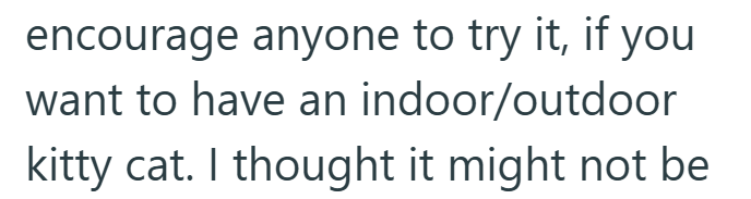 encourage anyone to try it, if you want to have an indoor/outdoor kitty cat. I thought it might not be