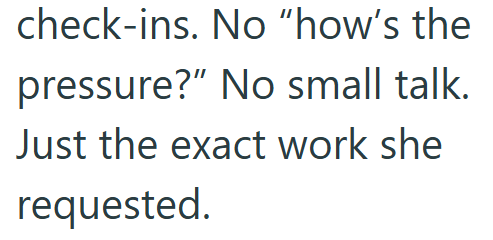 check-ins. No "how's the pressure?" No small talk. Just the exact work she requested.