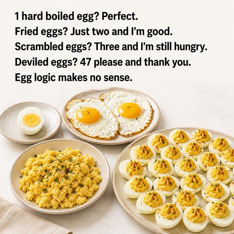 1 hard boiled egg? Perfect. Fried eggs? Just two and I'm good. Scrambled eggs? Three and I'm still hungry. Deviled eggs? 47 please and thank you. Egg logic makes no sense.