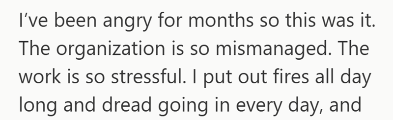 I've been angry for months so this was it. The organization is so mismanaged. The work is so stressful. I put out fires all day long and dread going in every day, and