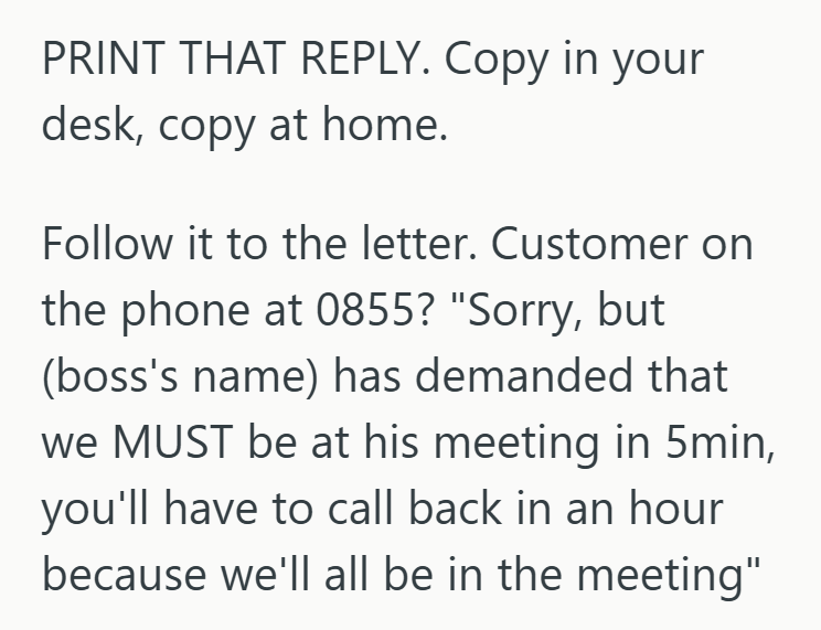 PRINT THAT REPLY. Copy in your desk, copy at home. Follow it to the letter. Customer on the phone at 0855? "Sorry, but (boss's name) has demanded that we MUST be at his meeting in 5min, you'll have to call back in an hour because we'll all be in the meeting"