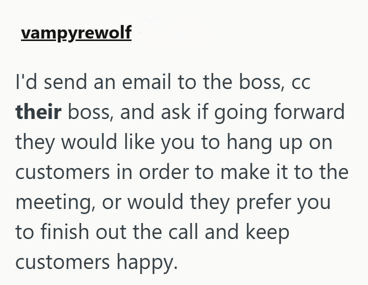vampyrewolf I'd send an email to the boss, cc their boss, and ask if going forward they would like you to hang up on customers in order to make it to the meeting, or would they prefer you to finish out the call and keep customers happy.