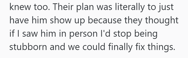 knew too. Their plan was literally to just have him show up because they thought if I saw him in person I'd stop being stubborn and we could finally fix things.