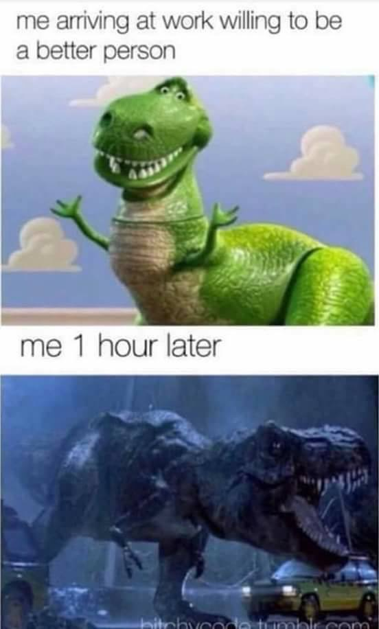 me arriving at work willing to be a better person me 1 hour later bitchycode tumblr.com