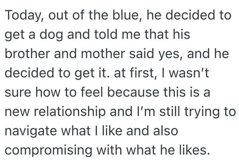 Today, out of the blue, he decided to get a dog and told me that his brother and mother said yes, and he decided to get it. at first, I wasn't sure how to feel because this is a new relationship and I'm still trying to navigate what I like and also compromising with what he likes.