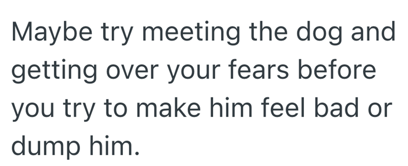 Maybe try meeting the dog and getting over your fears before you try to make him feel bad or dump him.