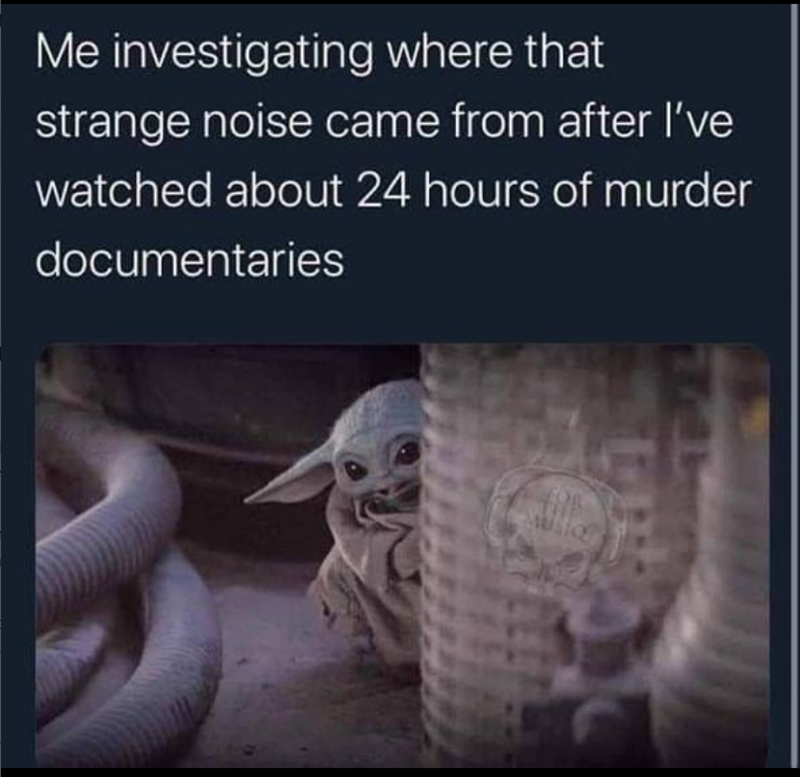 Me investigating where that strange noise came from after I've watched about 24 hours of murder documentaries FOR MUSIO