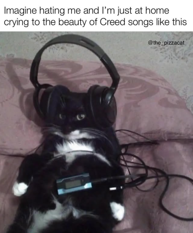 Imagine hating me and I'm just at home crying to the beauty of Creed songs like this @the_pizzacat