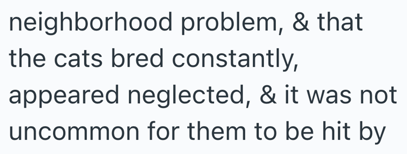 neighborhood problem, & that the cats bred constantly, appeared neglected, & it was not uncommon for them to be hit by