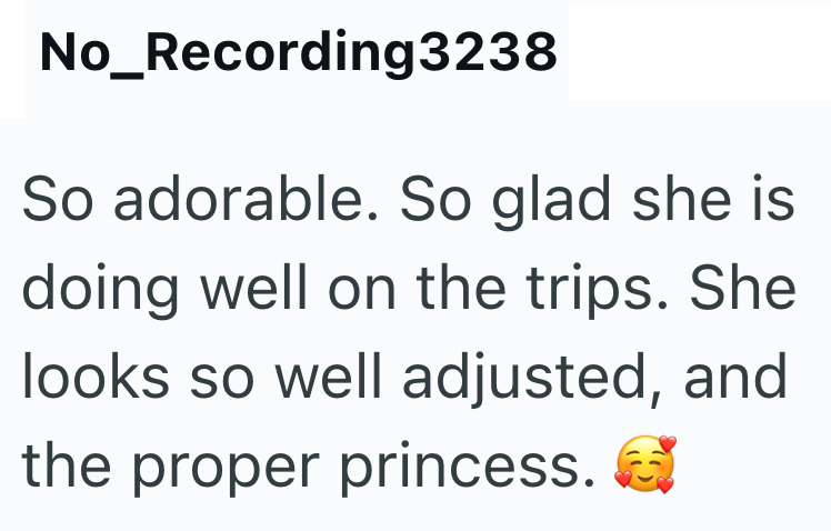 No_Recording3238 So adorable. So glad she is doing well on the trips. She looks so well adjusted, and the proper princess.