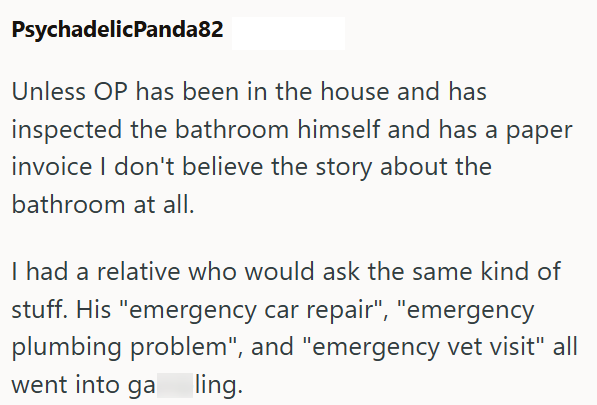 PsychadelicPanda82 Unless OP has been in the house and has inspected the bathroom himself and has a paper invoice I don't believe the story about the bathroom at all. I had a relative who would ask the same kind of stuff. His "emergency car repair", "emergency plumbing problem", and "emergency vet visit" all went into ga ling.