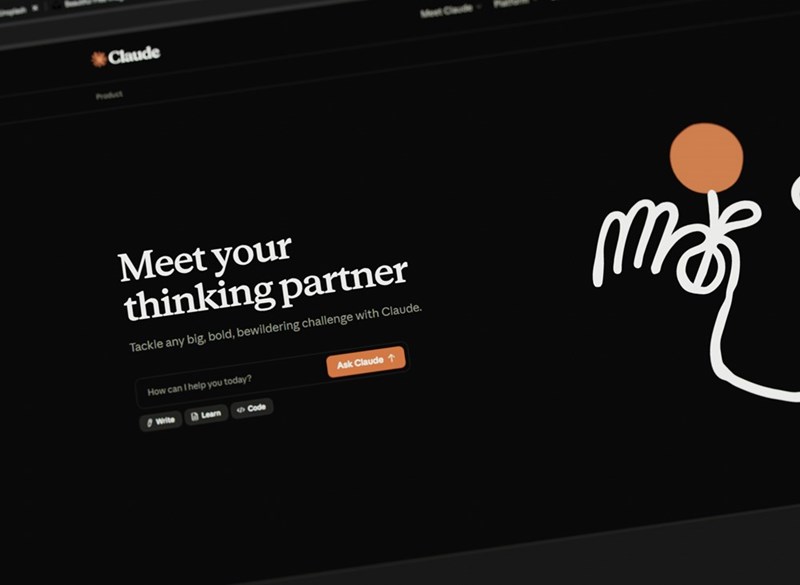 Claude Uest Claude Product Meet your thinking partner Tackle any big, bold, bewildering challenge with Claude. mak How can I help you today? Ask Claude ↑ Write Learn <Code
