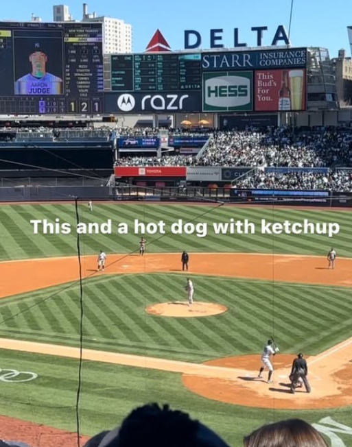 e AARON JUDGE ADELTA STARR INSURANCE 121 @razr JZDJ COMPANIES This Bud's HESS For You. This and a hot dog with ketchup