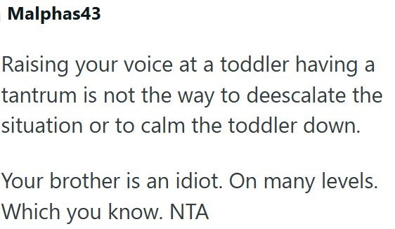 Malphas43 Raising your voice at a toddler having a tantrum is not the way to deescalate the situation or to calm the toddler down. Your brother is an idiot. On many levels. Which you know. NTA