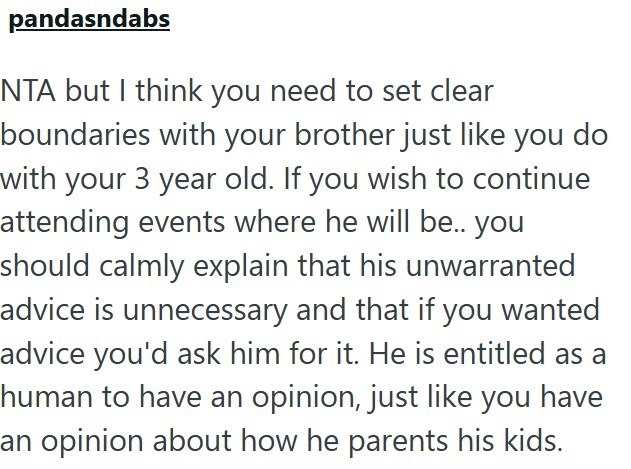 pandasndabs NTA but I think you need to set clear boundaries with your brother just like you do with your 3 year old. If you wish to continue attending events where he will be.. you should calmly explain that his unwarranted advice is unnecessary and that if you wanted advice you'd ask him for it. He is entitled as a human to have an opinion, just like you have an opinion about how he parents his kids.