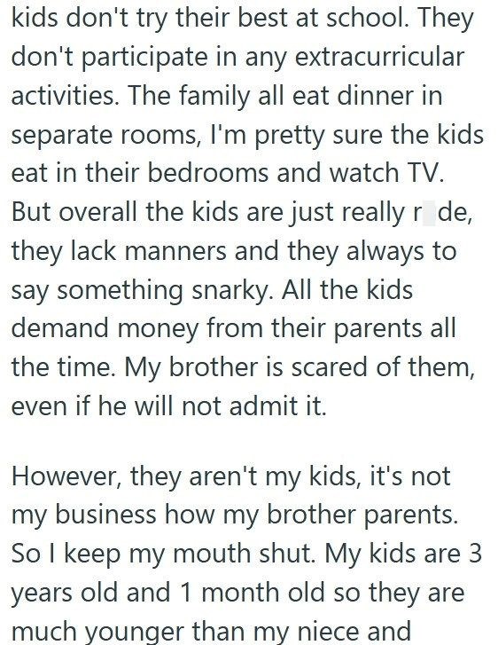 kids don't try their best at school. They don't participate in any extracurricular activities. The family all eat dinner in separate rooms, I'm pretty sure the kids eat in their bedrooms and watch TV. But overall the kids are just really r de, they lack manners and they always to say something snarky. All the kids demand money from their parents all the time. My brother is scared of them, even if he will not admit it. However, they aren't my kids, it's not my business how my brother parents. So