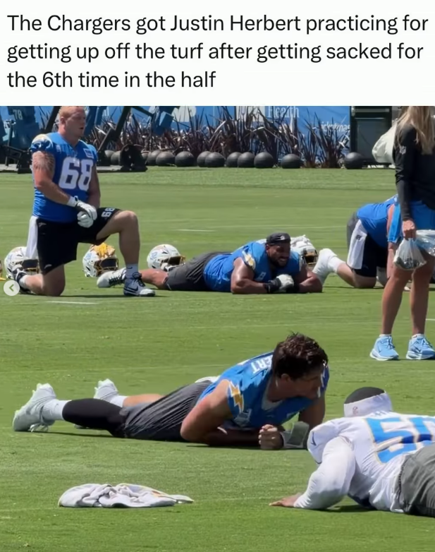 The Chargers got Justin Herbert practicing for getting up off the turf after getting sacked for the 6th time in the half 68 THE
