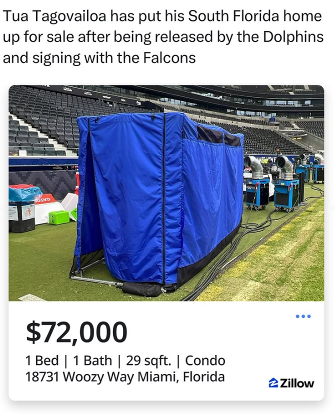 Tua Tagovailoa has put his South Florida home up for sale after being released by the Dolphins and signing with the Falcons $72,000 1 Bed 1 Bath | 29 sqft. | Condo 18731 Woozy Way Miami, Florida 2Zillow