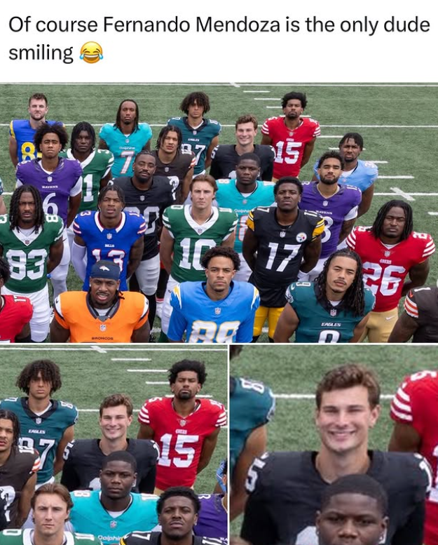 Of course Fernando Mendoza is the only dude smiling CB 15 93 6 ( 1017 Вонсов EAGLES 97 15 Oolphin 17 26 EAGLES