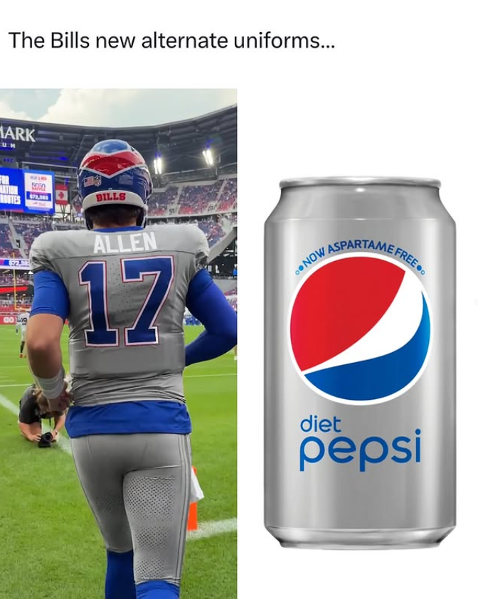 The Bills new alternate uniforms... MARK UM ROUTES 5050 $73,383 BILLS ALLEN 17 NOWA ASPARTAME FREE diet pepsi