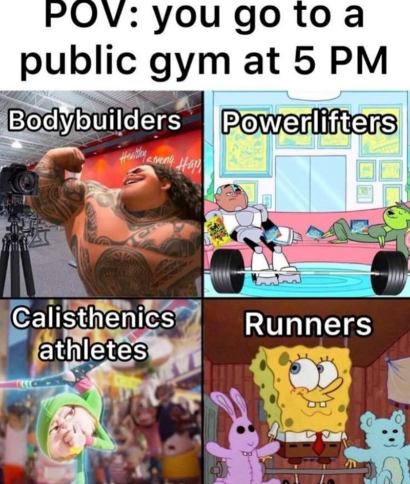 POV: you go to a public gym at 5 PM Bodybuilders Powerlifters Healthy Hap R Calisthenics athletes Runners