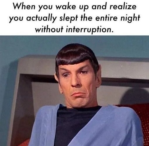 When you wake up and realize you actually slept the entire night without interruption. your metne Come