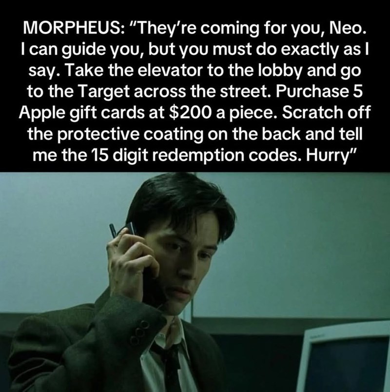 MORPHEUS: "They're coming for you, Neo. I can guide you, but you must do exactly as I say. Take the elevator to the lobby and go to the Target across the street. Purchase 5 Apple gift cards at $200 a piece. Scratch off the protective coating on the back and tell me the 15 digit redemption codes. Hurry"