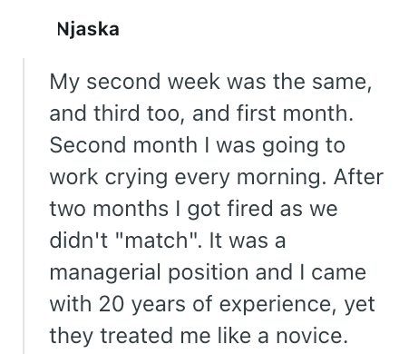 Njaska My second week was the same, and third too, and first month. Second month I was going to work crying every morning. After two months I got fired as we didn't "match". It was a managerial position and I came with 20 years of experience, yet they treated me like a novice.