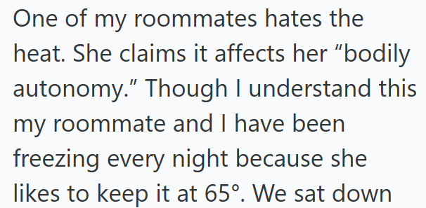One of my roommates hates the heat. She claims it affects her "bodily autonomy." Though I understand this my roommate and I have been freezing every night because she likes to keep it at 65°. We sat down