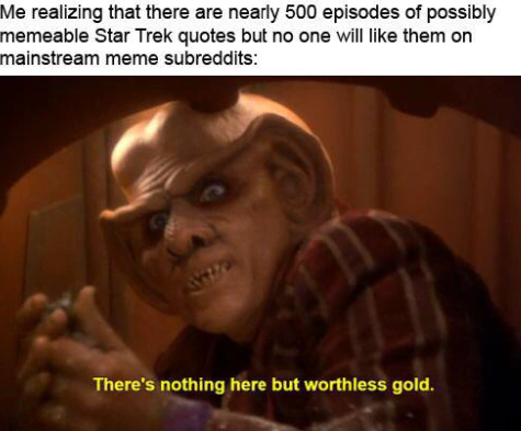 Me realizing that there are nearly 500 episodes of possibly memeable Star Trek quotes but no one will like them on mainstream meme subreddits: There's nothing here but worthless gold.