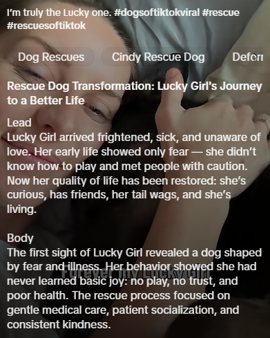 I'm truly the Lucky one. #dogsoftiktokviral #rescue #rescuesoftiktok Dog Rescues Cindy Rescue Dog Defcri Rescue Dog Transformation: Lucky Girl's Journey to a Better Life Lead Lucky Girl arrived frightened, sick, and unaware of love. Her early life showed only fear - she didn't know how to play and met people with caution. Now her quality of life has been restored: she's curious, has friends, her tail wags, and she's living. Body The first sight of Lucky Girl revealed a dog shaped by fear and ill