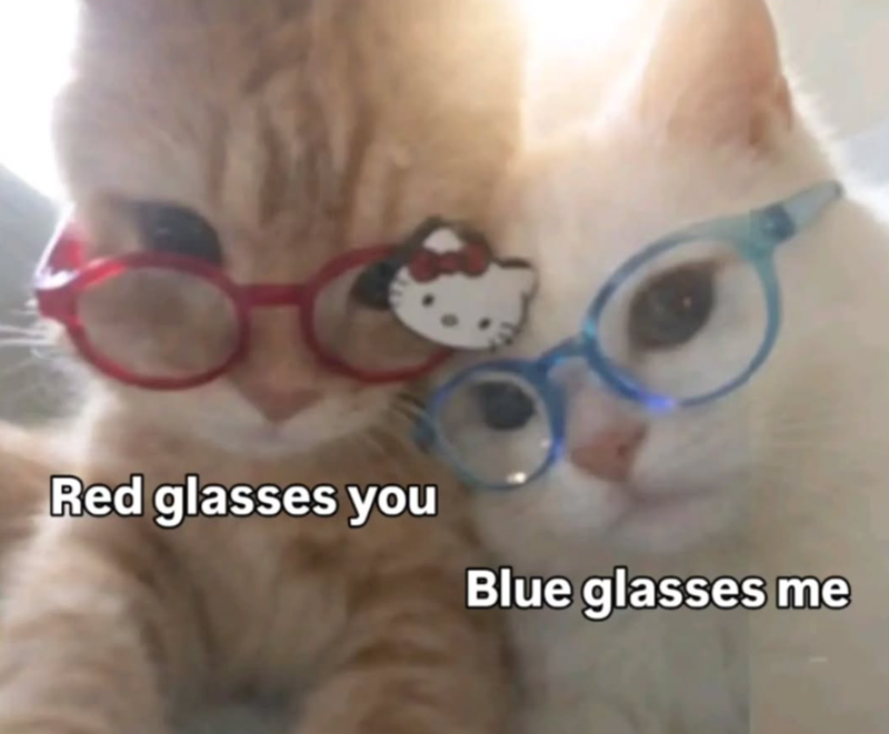 Red glasses you Blue glasses me
