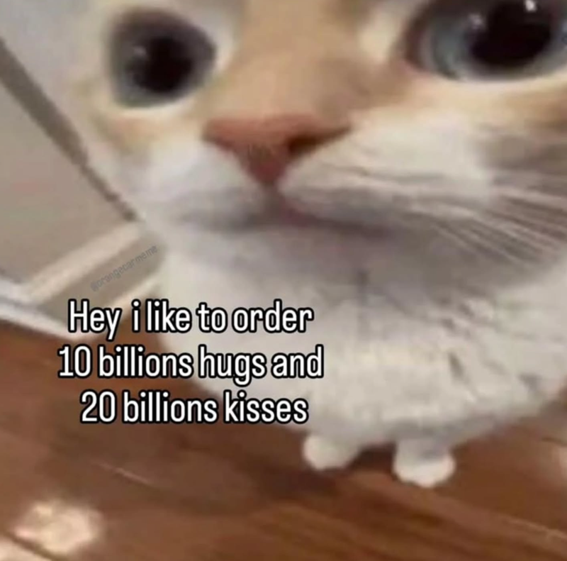 orangecarmeme Hey i like to order 10 billions hugs and 20 billions kisses