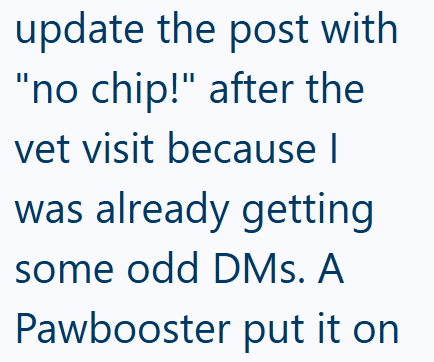 update the post with "no chip!" after the vet visit because I was already getting some odd DMs. A Pawbooster put it on