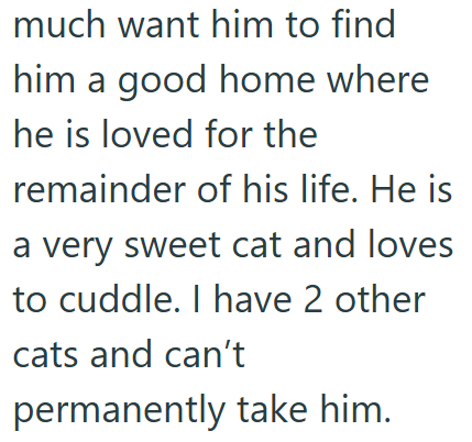 much want him to find him a good home where he is loved for the remainder of his life. He is a very sweet cat and loves to cuddle. I have 2 other cats and can't permanently take him.