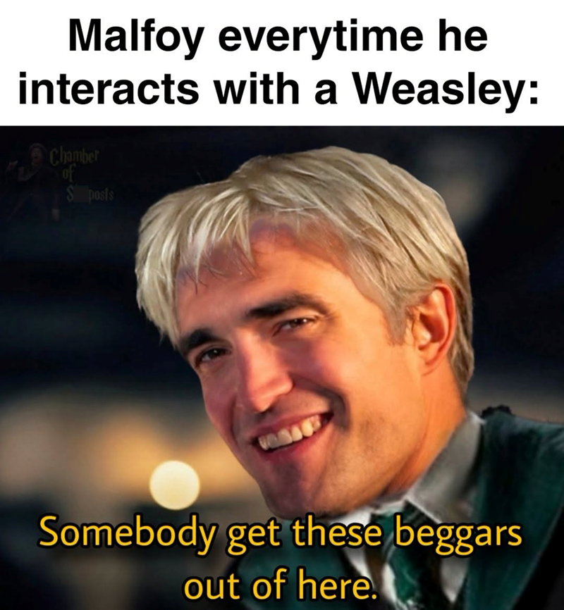 Malfoy everytime he interacts with a Weasley: Chamber of S posts Somebody get these beggars out of here.
