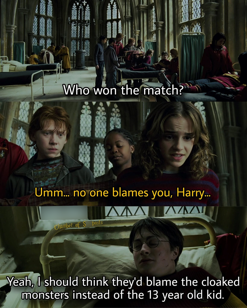 Who won the match? Umm... no one blames you, Harry... Chamber of S posts ΛΑΔΙ Yeah, I should think they'd blame the cloaked monsters instead of the 13 year old kid.