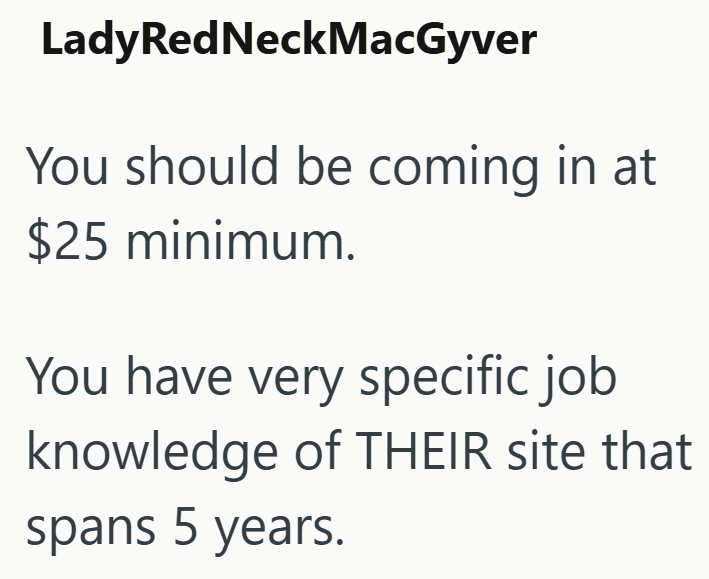 LadyRedNeckMacGyver You should be coming in at $25 minimum. You have very specific job knowledge of THEIR site that spans 5 years.