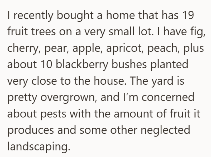 I recently bought a home that has 19 fruit trees on a very small lot. I have fig, cherry, pear, apple, apricot, peach, plus about 10 blackberry bushes planted very close to the house. The yard is pretty overgrown, and I'm concerned about pests with the amount of fruit it produces and some other neglected landscaping.