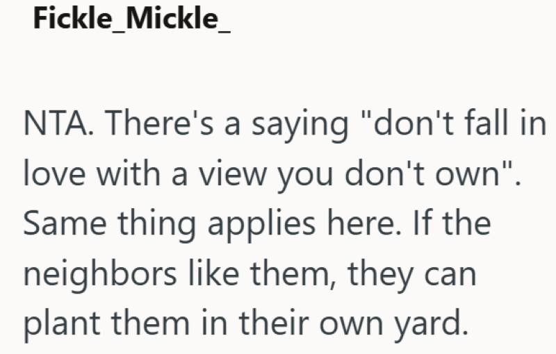 Fickle_Mickle_ NTA. There's a saying "don't fall in love with a view you don't own". Same thing applies here. If the neighbors like them, they can plant them in their own yard.
