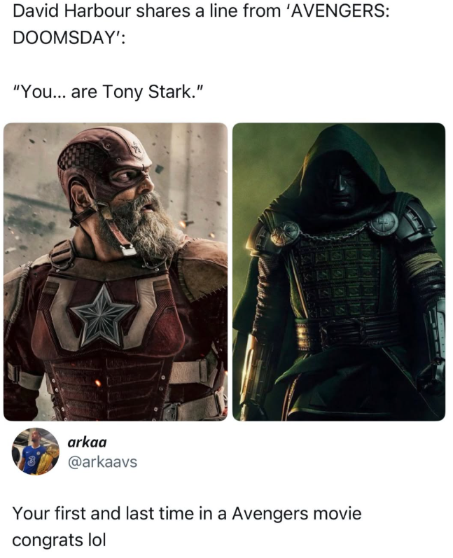 David Harbour shares a line from 'AVENGERS: DOOMSDAY': "You... are Tony Stark." arkaa @arkaavs Your first and last time in a Avengers movie congrats lol