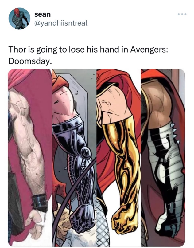 sean @yandhiisntreal Thor is going to lose his hand in Avengers: Doomsday.