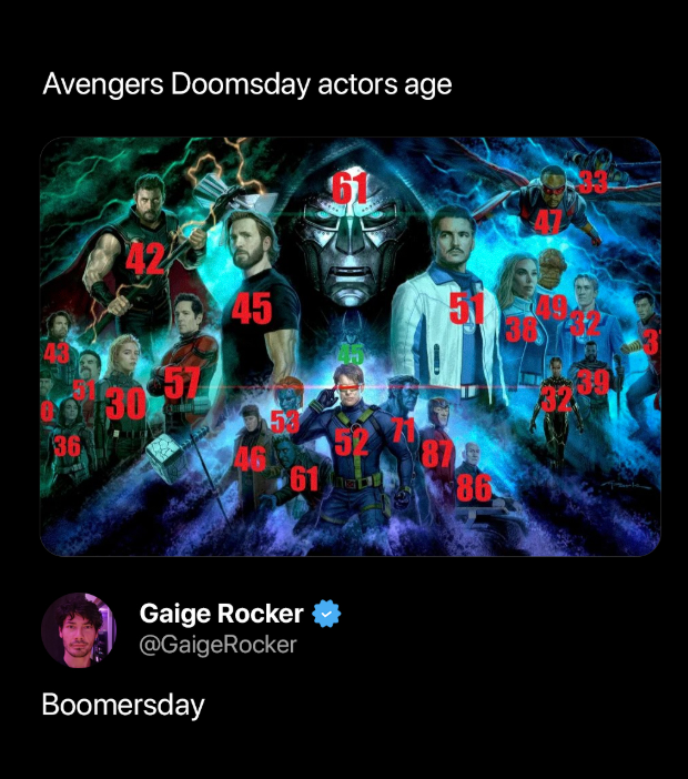 Avengers Doomsday actors age 42 0.30 36 45 587 61 86 Gaige Rocker @GaigeRocker Boomersday