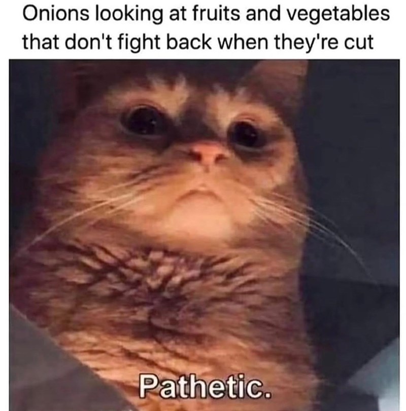 Onions looking at fruits and vegetables that don't fight back when they're cut Pathetic.