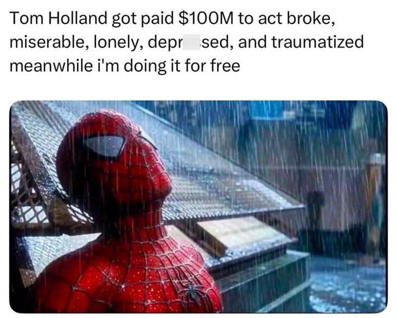 Tom Holland got paid $100M to act broke, miserable, lonely, depr sed, and traumatized meanwhile i'm doing it for free