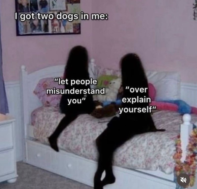 got two dogs in me: "let people misunderstand you" "over explain yourself" EE