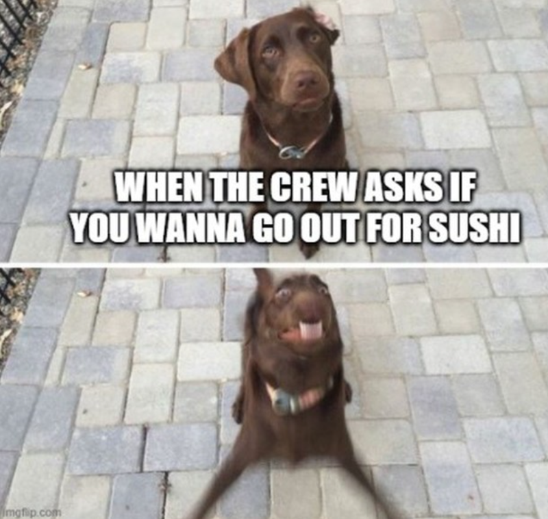 Imgflip.com WHEN THE CREW ASKS IF YOU WANNA GO OUT FOR SUSHI