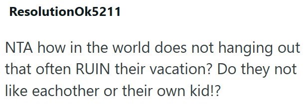 ResolutionOk5211 NTA how in the world does not hanging out that often RUIN their vacation? Do they not like eachother or their own kid!?